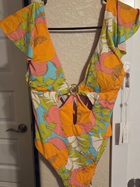 Trina Turk Pink Multi Color Flutter Sleeve 1 Piece Swim